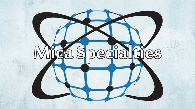 Mica Specialties company logo with globe-inspired branding on a light blue background.