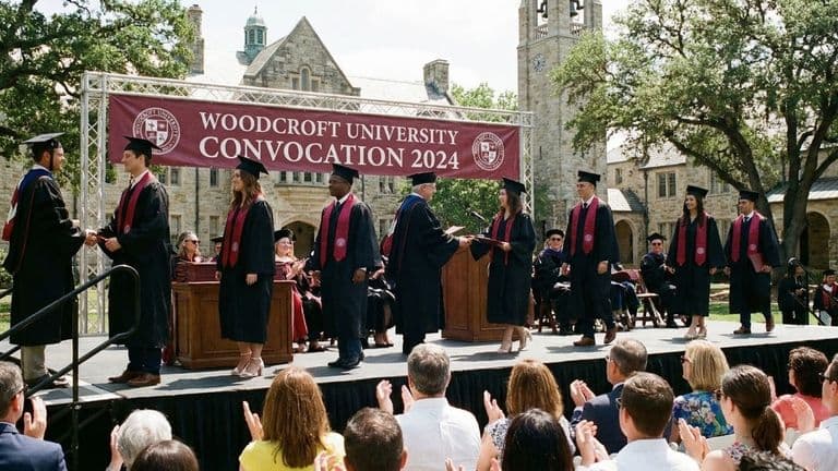 Graduates in caps and gowns stand proudly on stage during a Woodcroft University graduation ceremony, celebrating their achievements.