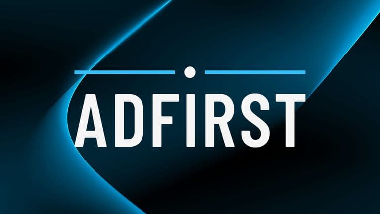 AdFirst logo on blue abstract background with white text and geometric light accents.