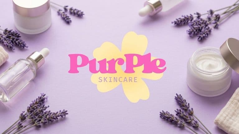 Purple beauty products arranged on a matching purple background, showcasing a range of vegan skincare items from Purple Skincare.