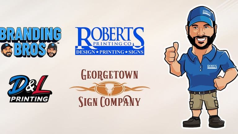 Logos for Branding Bros, Roberts Printing, D&L Printing, and Georgetown Sign Company, alongside a cartoon mascot in blue uniform.