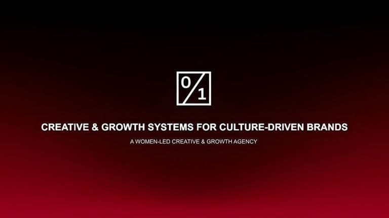 0.1% Agency logo with the tagline 'Creative & Growth Systems for Culture-Driven Brands' on a dark gradient background.