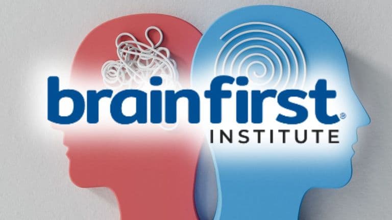 BrainFirst Institute logo over two head silhouettes illustrating chaotic and organized thought patterns.