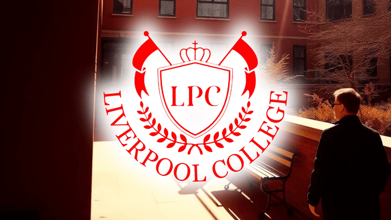 Student walking outside Liverpool College LPC with the college logo displayed prominently.