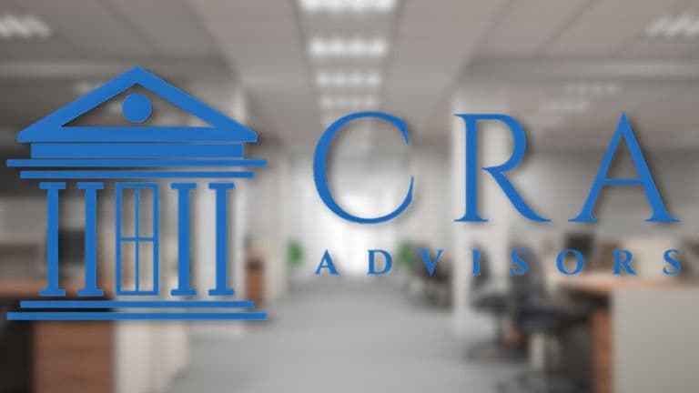 Blurred office background with a prominent blue logo on the left featuring a stylized building, and "CRA Advisors" text in blue on the right.