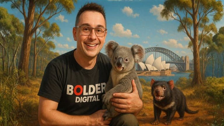 A man cradles a koala with Sydney's famous bridge in the background, highlighting Australia's unique wildlife and cityscape.