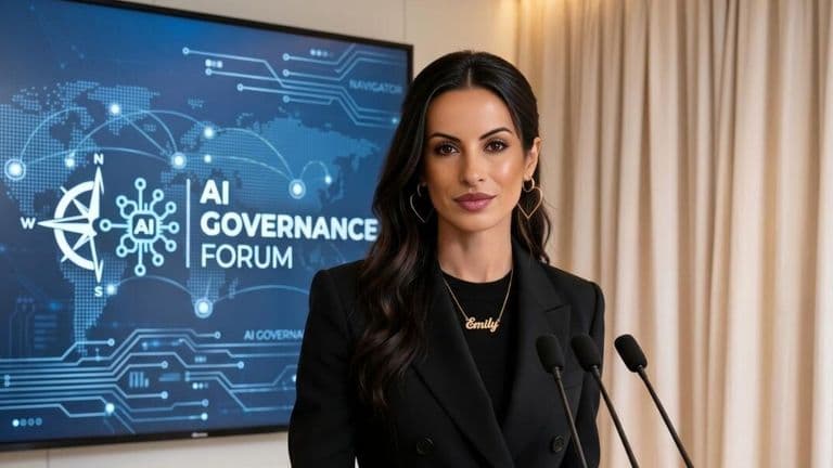 Woman speaking at podium before AI Governance Forum display highlighting enterprise AI governance and authorization concepts.