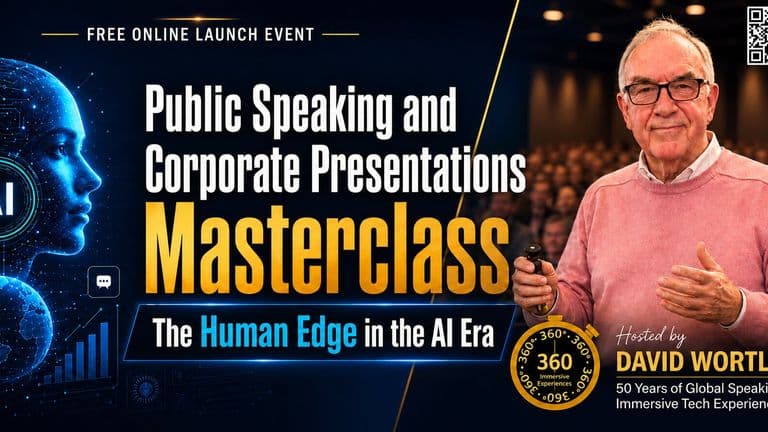 Promotional banner for David Wortley’s AI-era public speaking masterclass on human-centred innovation and technology.