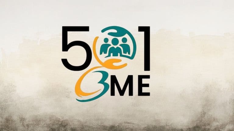 "Logo reading '501 3ME' with stylized figures. The number '3' integrates orange and teal human silhouettes, symbolizing community and unity. The backdrop is a textured cream and gray gradient."