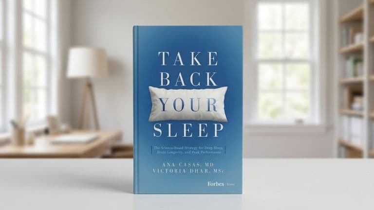 Book cover of “Take Back Your Sleep” displayed in bright office setting, highlighting deep sleep and brain longevity strategies.