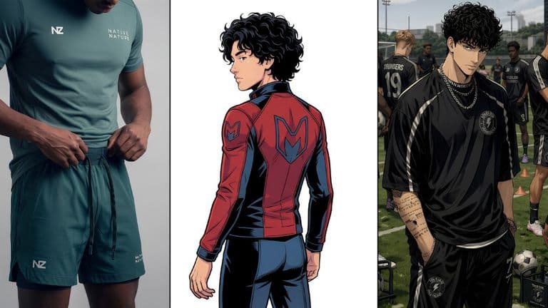 Two men are featured: one in a soccer uniform and the other in a black shirt, showcasing different fashion identities.