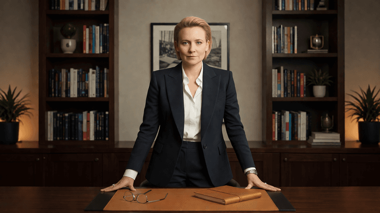 Confident businesswoman standing behind a desk in a professional office library setting.