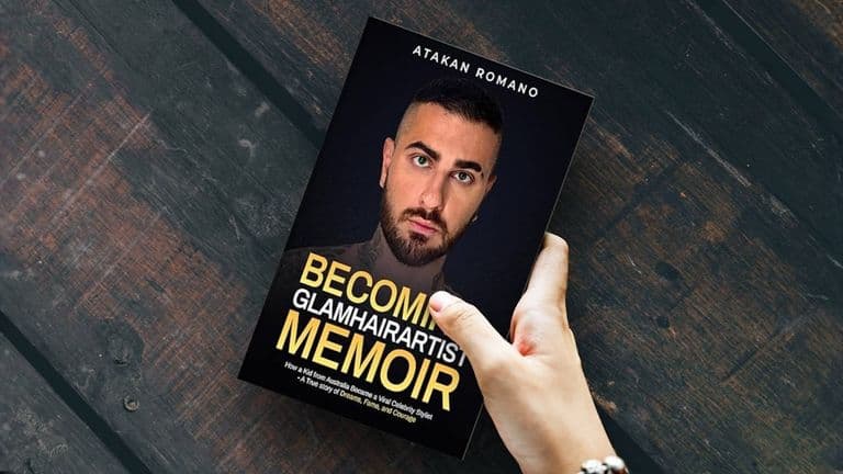 Cover of Atakan Romano's memoir 'Becoming Glamhairartist,' showcasing his rise from small-town hairstylist to global beauty educator.