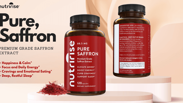 NutriRise Pure Saffron supplement bottle with premium saffron extract capsules and wellness benefits.