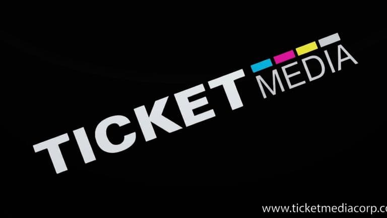 Ticket Media Corp logo on a black background with website URL and colorful accent bars.