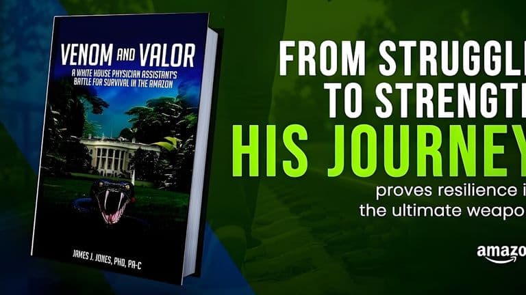 Book cover of 'Venom and Valor' with the tagline 'From Struggle to Strength' featuring a jungle background and snake.