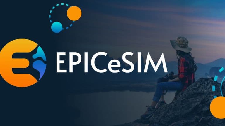 EPICeSIM logo on a backdrop of a traveler enjoying scenic views, symbolizing seamless global connectivity for modern travelers.