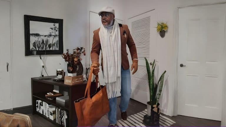 A well-dressed man walking out of a stylish home, carrying a leather tote, exuding confidence and personal style.