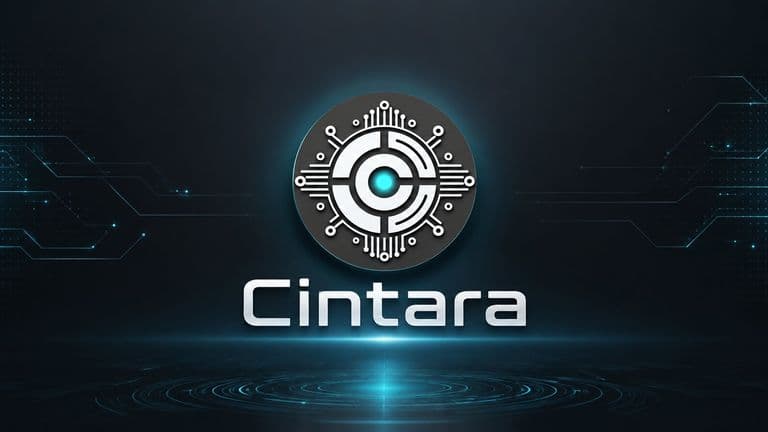 Cintara logo with futuristic circuit design glowing on dark blue digital background.