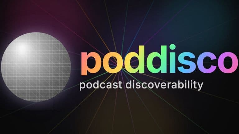 Poddisco logo with rainbow text and tagline “podcast discoverability” on a dark background with radiating light lines.
