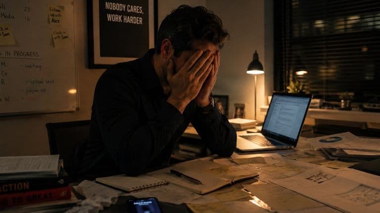 Exhausted businessman overwhelmed by late-night workload and missed sales opportunities at cluttered desk.