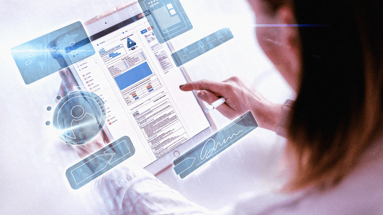 User interacting with PleaseSign's e-signature platform on a tablet, enhancing workflow efficiency.