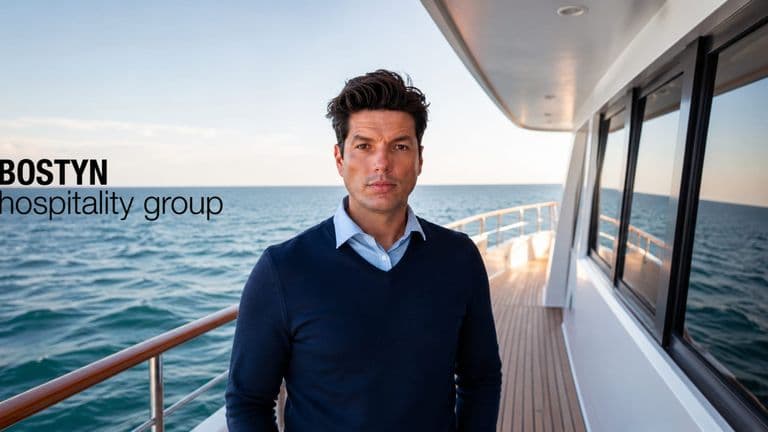 Executive standing aboard a yacht overlooking the ocean with Bostyn Hospitality Group logo.
