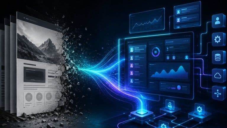 Illustration of website content transforming into integrated business dashboards, automation workflows, and connected digital systems.