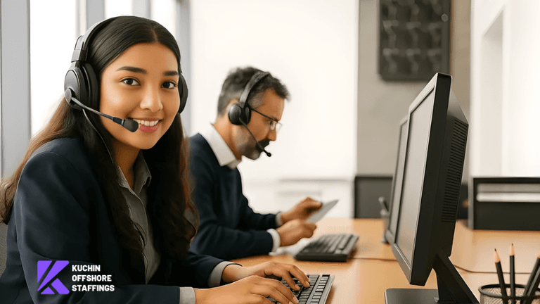 Professional staff working in a modern office, providing offshore healthcare support services.