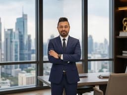 Business professional in a blue suit standing in a modern office with a city skyline behind.