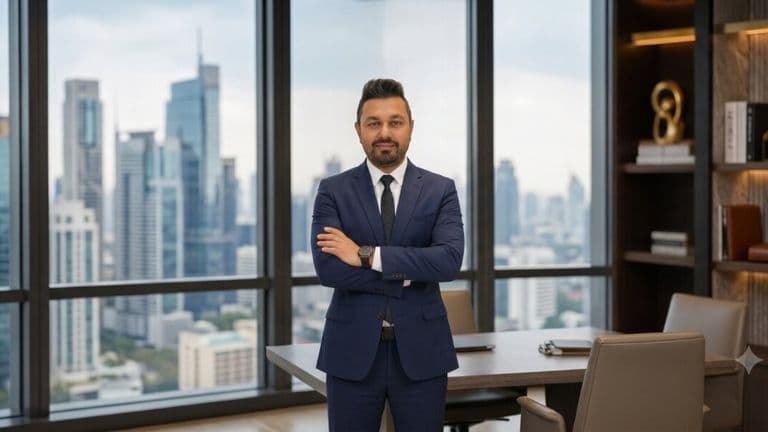 Business professional in a blue suit standing in a modern office with a city skyline behind.