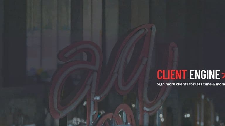 Neon sign of 'CLIENT ENGINE' emphasizing performance marketing, with a focus on turning attention into measurable business growth.