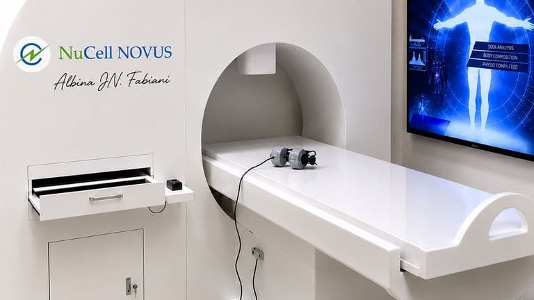 NuCell NOVUS medical biophysics scanning system with patient table and diagnostic display in a modern clinical setting.