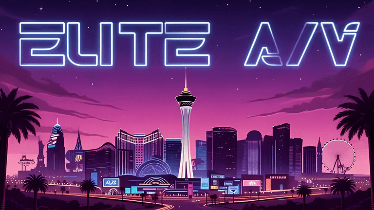 Elite A/V logo above a stylized Las Vegas skyline at sunset.