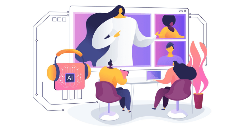 Virtual meeting with AI-assisted property management discussions and team collaboration.