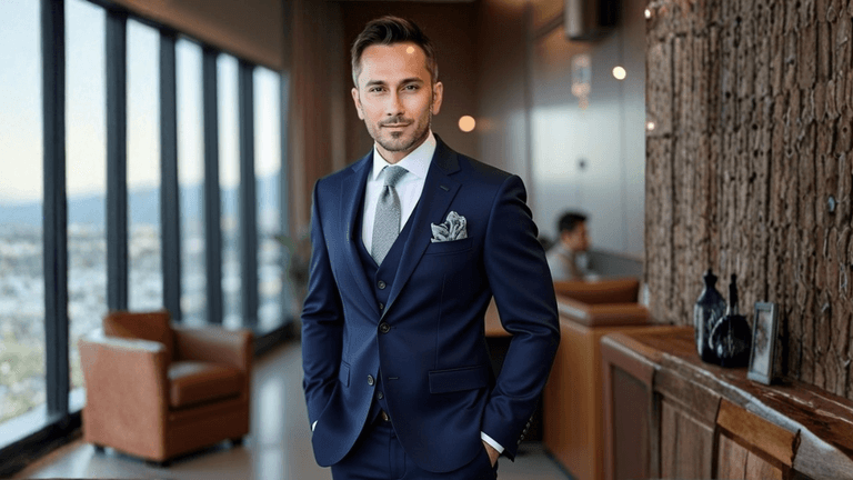 Nick Barua in a navy suit at a modern office, symbolizing Japan’s tech innovation and scientific investment leadership.