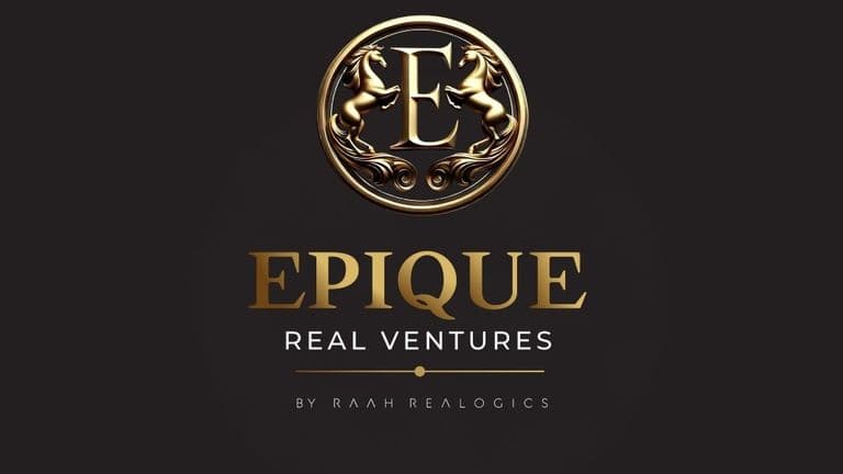 Logo of Epique Real Ventures, a real estate advisory firm specializing in North India for NRI investors, featuring a golden 'E' and unicorns.