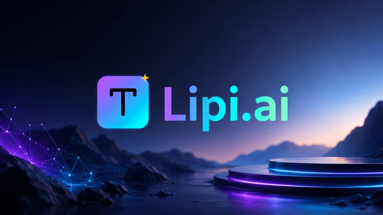 Lipi.ai logo on a futuristic neon-lit platform against a mountain landscape at dusk.