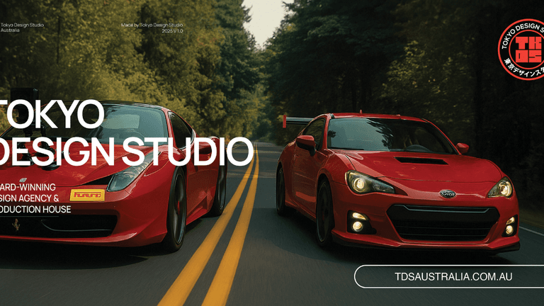 Red sports cars driving on a road, symbolizing high-energy, high-impact branding and design by Tokyo Design Studio Australia.