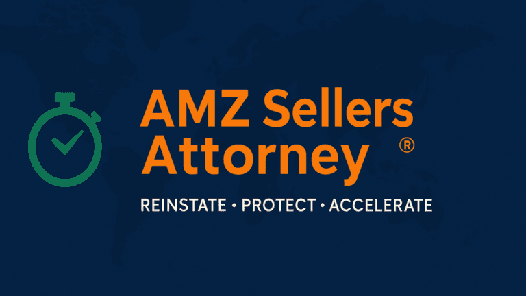 "AMZ Sellers Attorney logo featuring a stopwatch icon with a green checkmark, emphasizing the services of reinstating, protecting, and accelerating Amazon seller accounts."