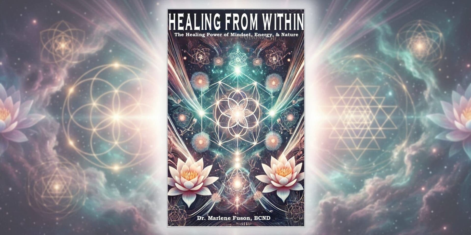 “Healing From Within” book cover featuring sacred geometry, lotus flowers, and cosmic imagery symbolizing holistic wellness and empowerment.