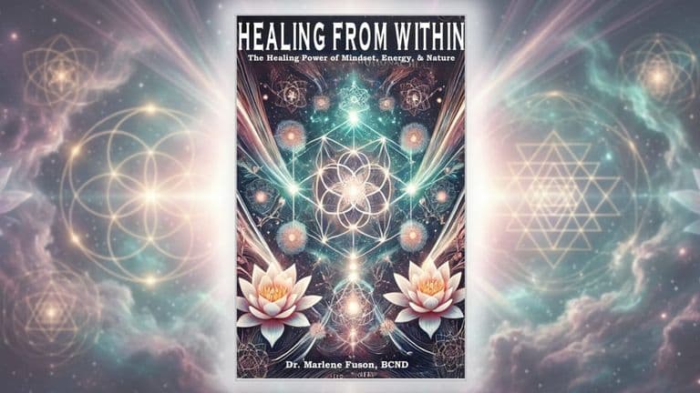 “Healing From Within” book cover featuring sacred geometry, lotus flowers, and cosmic imagery symbolizing holistic wellness and empowerment.