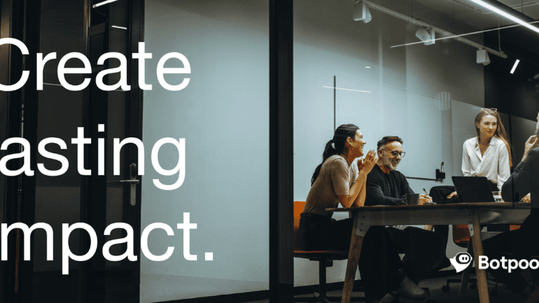 Four professionals collaborating in a modern office with text overlay: "Create lasting impact." Botpool logo visible.