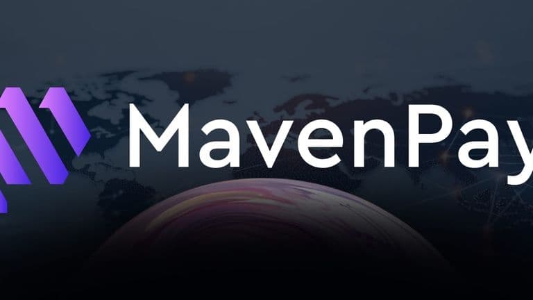 The image features the MavenPay logo with a modern, purple color scheme against a global digital background, symbolizing global finance.