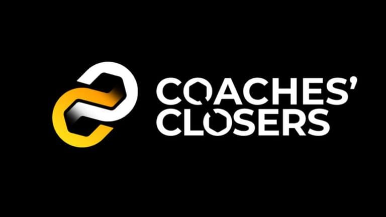 Coaches Closers logo in white and yellow on black background.