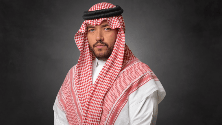 Abdullah Danish, visionary leader in Saudi defense and logistics, wearing traditional Saudi attire, symbolizing strength and innovation.