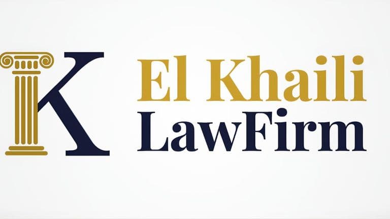 Logo of El Khaili Law Firm featuring a pillar symbolizing legal expertise and professionalism, with the firm's name in stylized font."