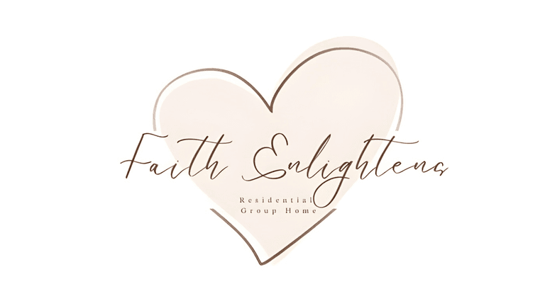 "Logo of Faith Enlightens Residential Group Home, featuring a soft heart shape with elegant script and a focus on residential care services for youth."