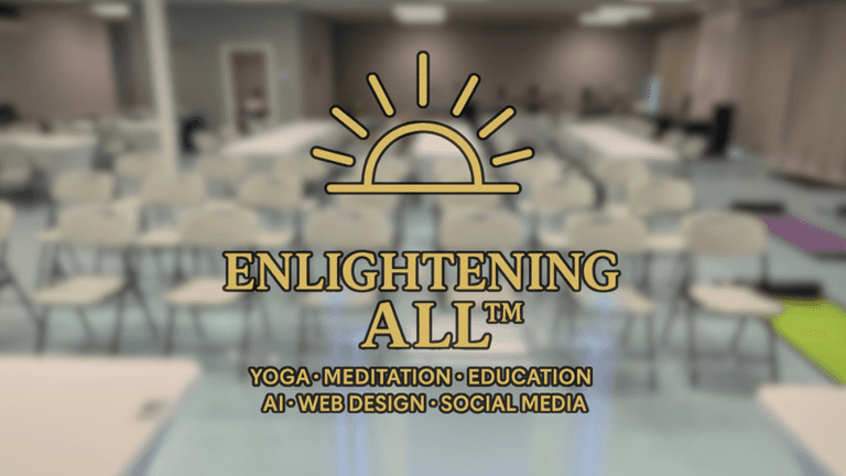 "ENLIGHTENING ALL logo represents a wellness and creative hub offering yoga, meditation, education, AI services, and digital marketing."