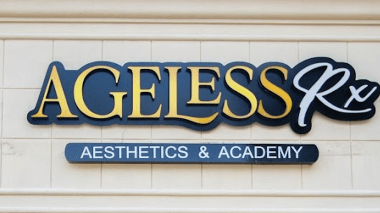 Signage for AgelessRx Aesthetics & Academy, highlighting the business’s focus on hands-on aesthetic training and professional education led by founder Jamie Wright, emphasizing skill development and practitioner empowerment.